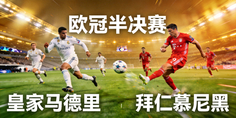 欧冠半决赛对阵图 - 皇家马德里与拜仁慕尼黑球员在球场上对抗的精彩瞬间
